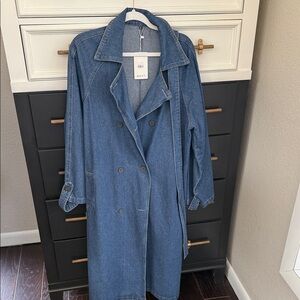 Long Double-Breasted Denim Trench Coat - Blue